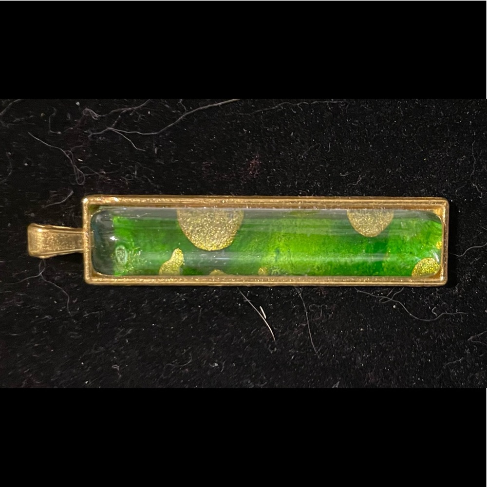 Hand-painted Green & Gold Alcohol Ink Art Under Domed Glass in Goldtone Setting